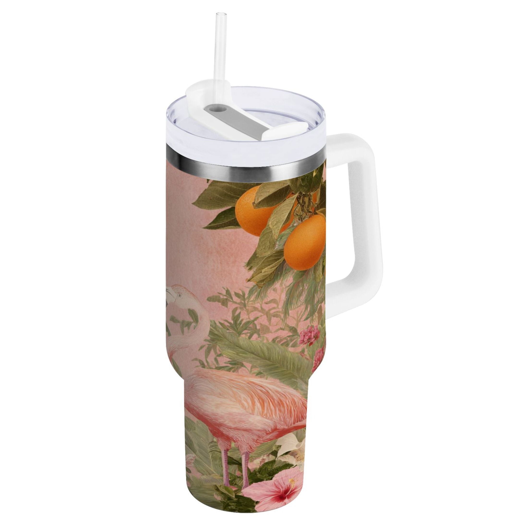 40 oz Insulated Stainless Steel Tumbler Double Wall Stainless Steel Tumbler with 2-Way Drinking Flamingos in Tropical Garden - YBT5