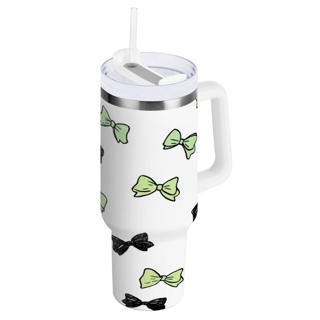 40 oz Insulated Stainless Steel Tumbler Double Wall Stainless Steel Tumbler with 2-Way Drinking Green and Black Bows - YM13