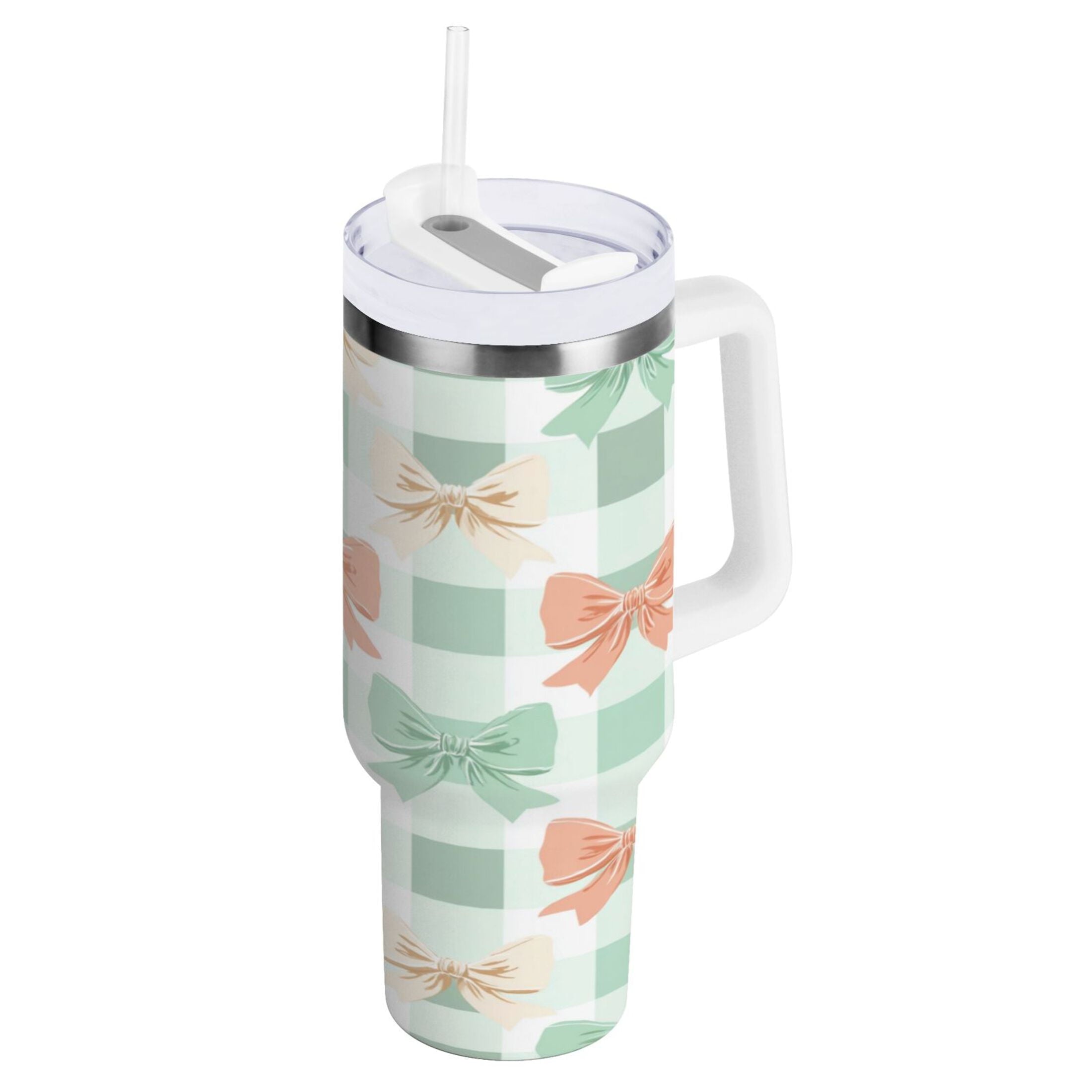 40 oz Insulated Stainless Steel Tumbler Double Wall Stainless Steel Tumbler with 2-Way Drinking Green and Peach Bow Pattern - 194H