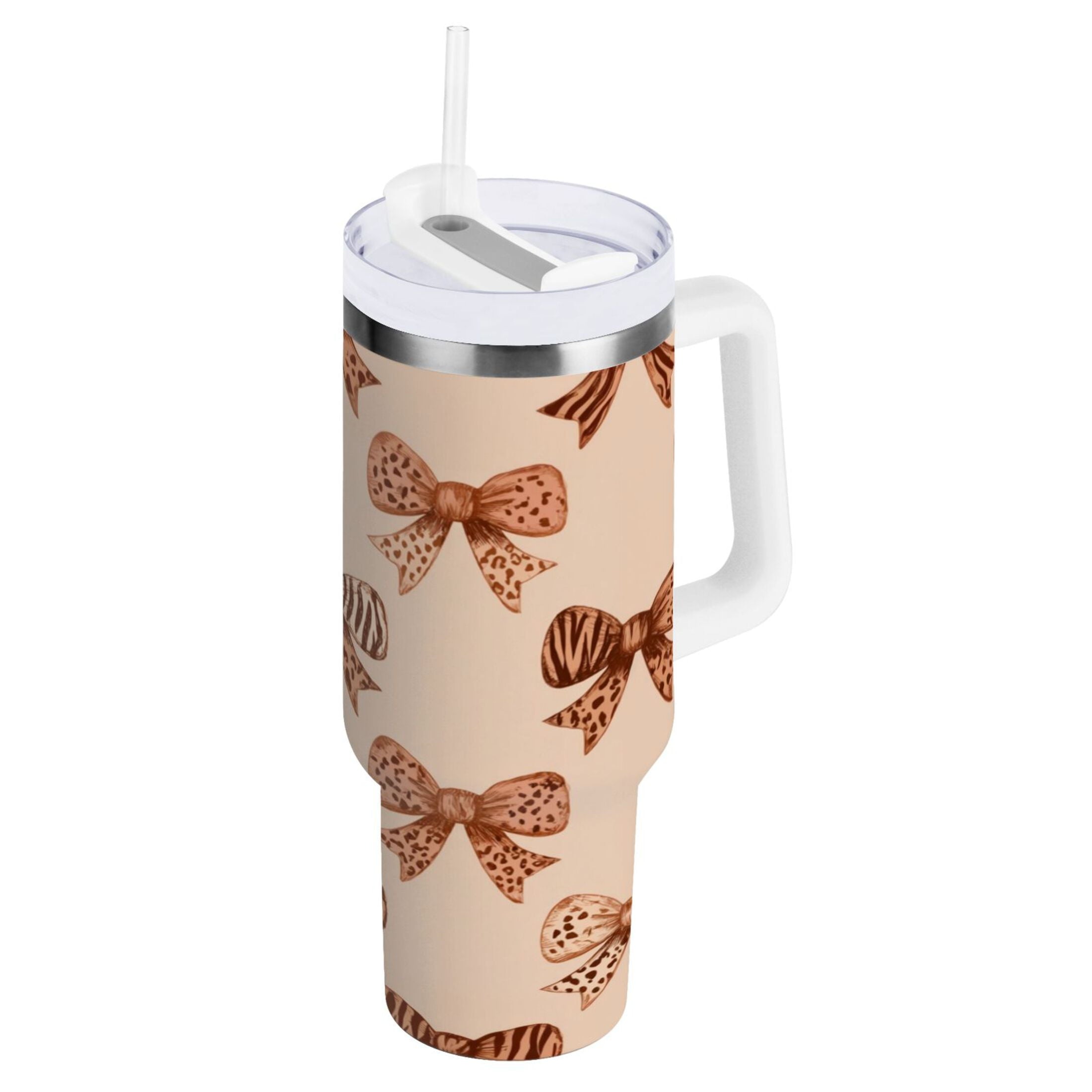 40 oz Insulated Stainless Steel Tumbler Double Wall Stainless Steel Tumbler with 2-Way Drinking Leopard Print Bow - TY71
