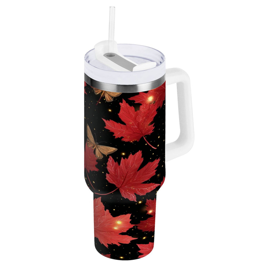 40 oz Insulated Stainless Steel Tumbler Double Wall Stainless Steel Tumbler with 2-Way Drinking Maple Leaves and Fireflies - QT9C