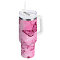 40 oz Insulated Stainless Steel Tumbler Double Wall Stainless Steel Tumbler with 2-Way Drinking Pink Butterfly Pattern - FMB4