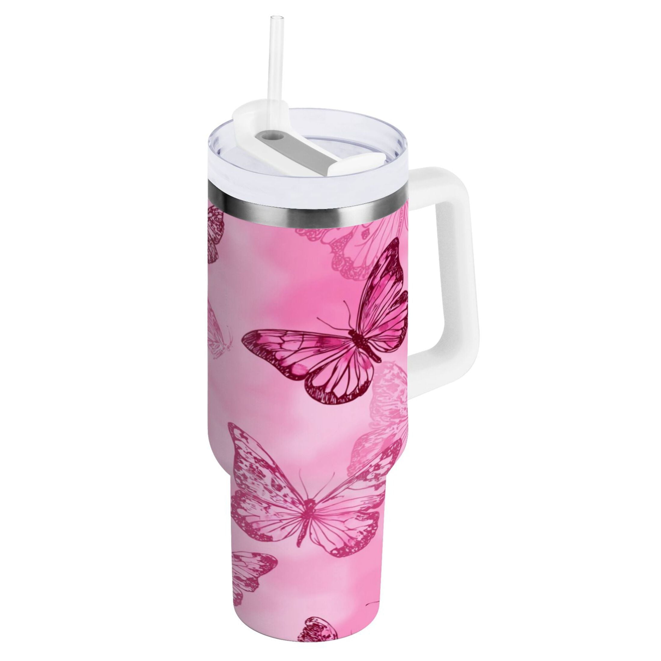 40 oz Insulated Stainless Steel Tumbler Double Wall Stainless Steel Tumbler with 2-Way Drinking Pink Butterfly Pattern - FMB4