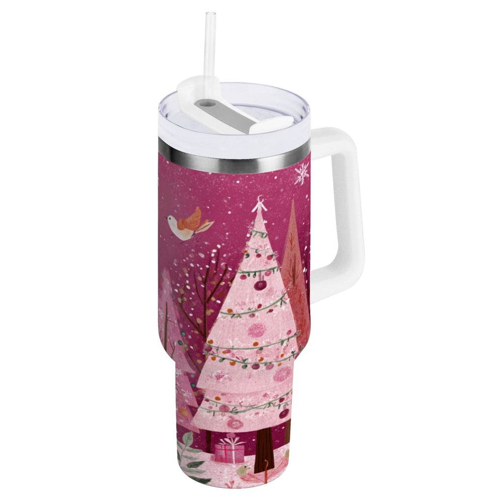 40 oz Insulated Stainless Steel Tumbler Double Wall Stainless Steel Tumbler with 2-Way Drinking Pink Christmas Forest - CEY3