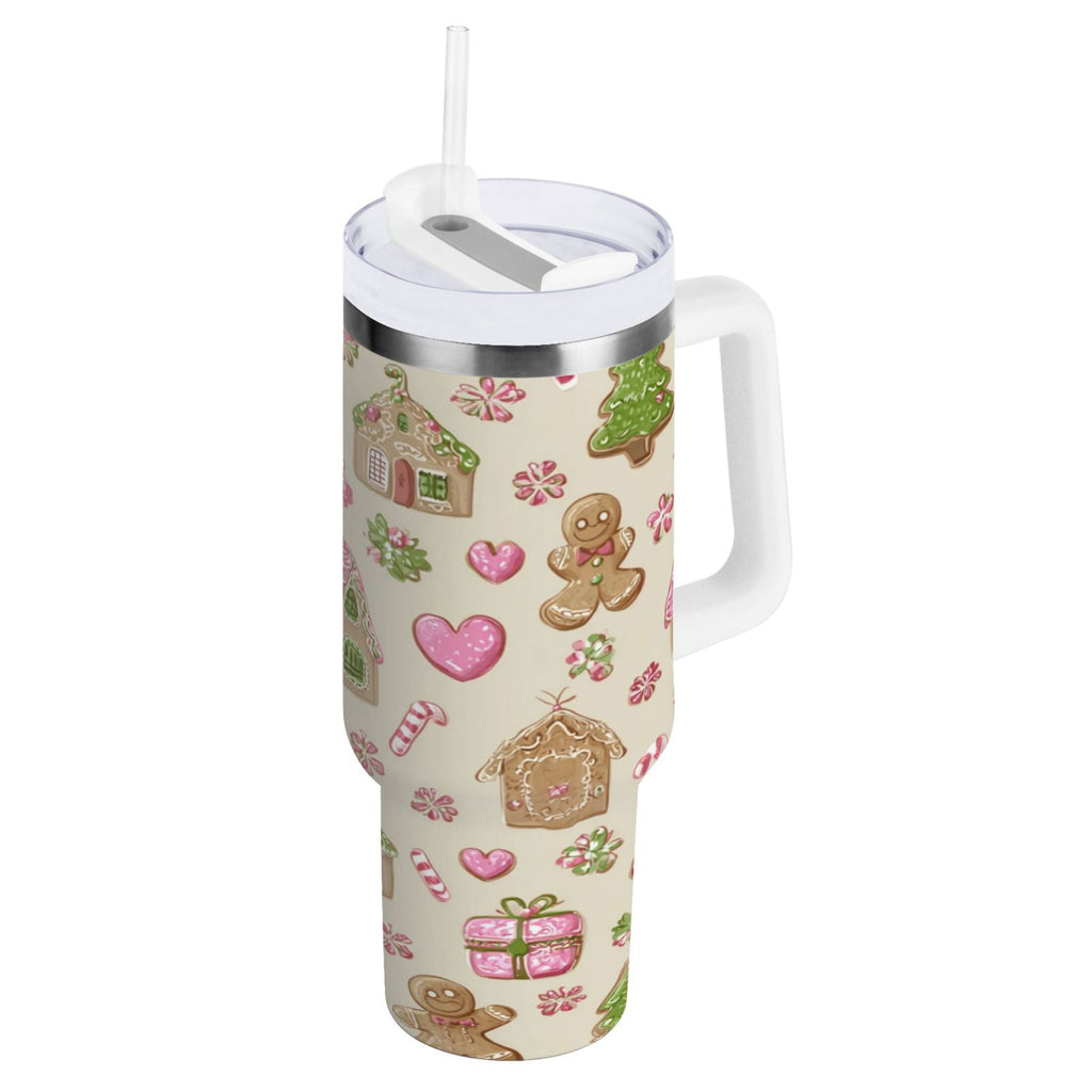 40 oz Insulated Stainless Steel Tumbler Double Wall Stainless Steel Tumbler with 2-Way Drinking Pink Cute Christmas Pattern - 5O69