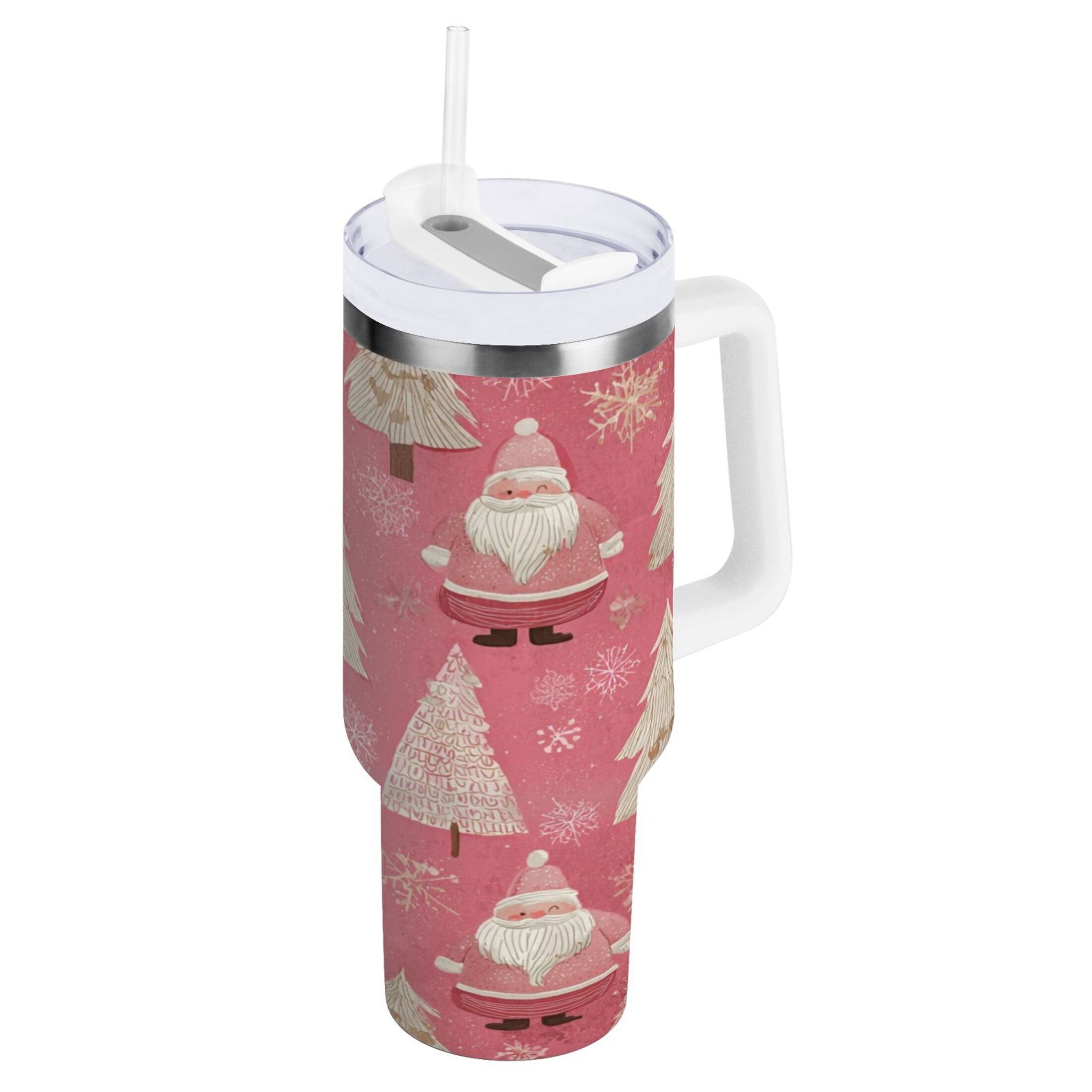40 oz Insulated Stainless Steel Tumbler Double Wall Stainless Steel Tumbler with 2-Way Drinking Pink Santa Claus Pattern - SZTV