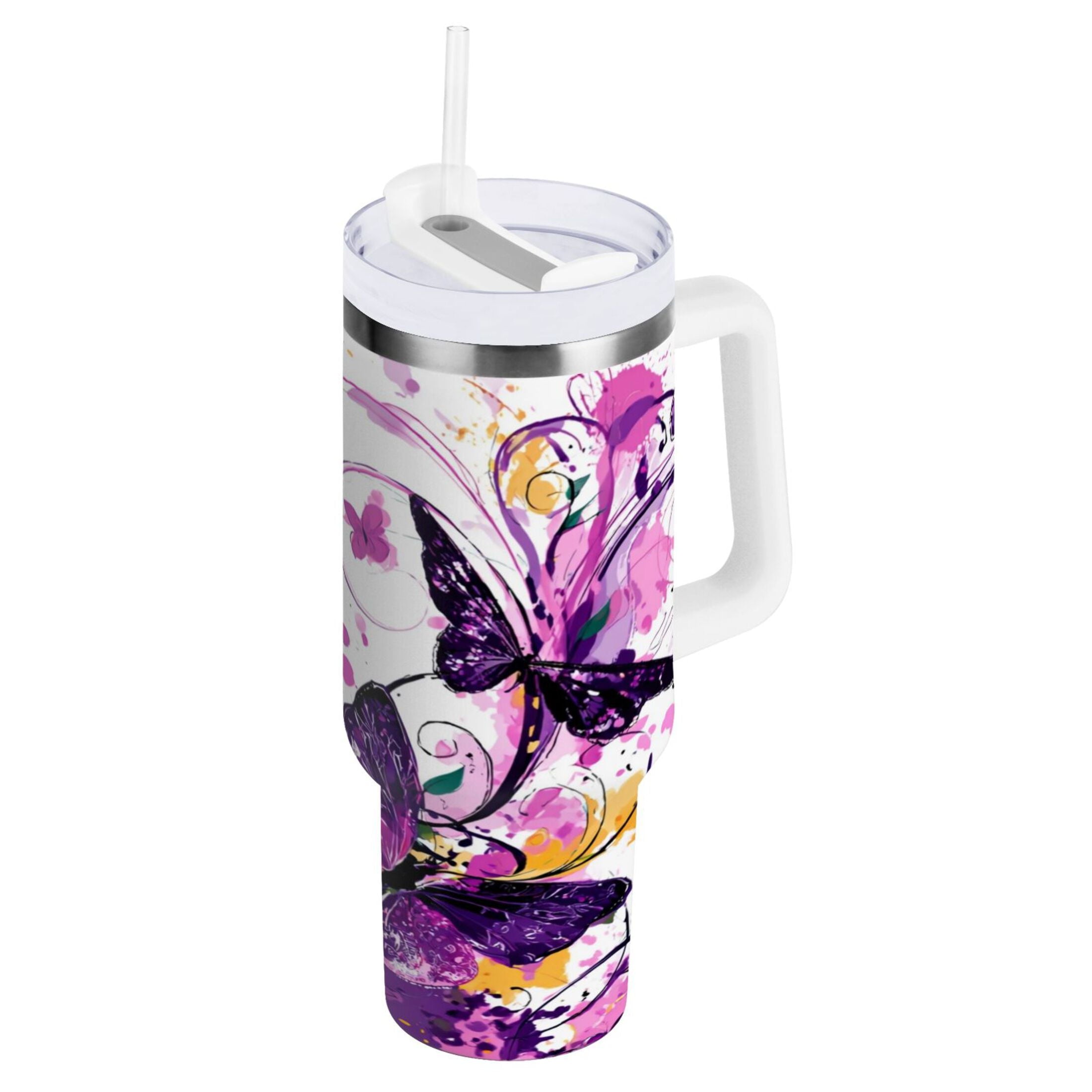 40 oz Insulated Stainless Steel Tumbler Double Wall Stainless Steel Tumbler with 2-Way Drinking Purple Butterfly - 5AKR