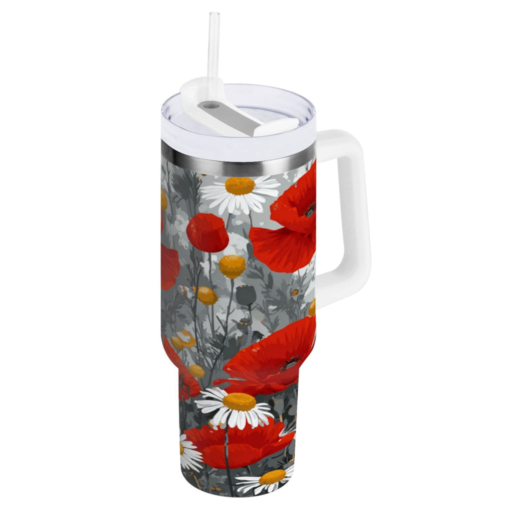 40 oz Insulated Stainless Steel Tumbler Double Wall Stainless Steel Tumbler with 2-Way Drinking Red Flowers and Daisies - RBEA