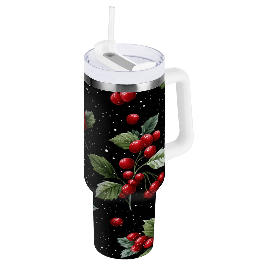 40 oz Insulated Stainless Steel Tumbler Double Wall Stainless Steel Tumbler with 2-Way Drinking Red Holly Berries Pattern - 130P