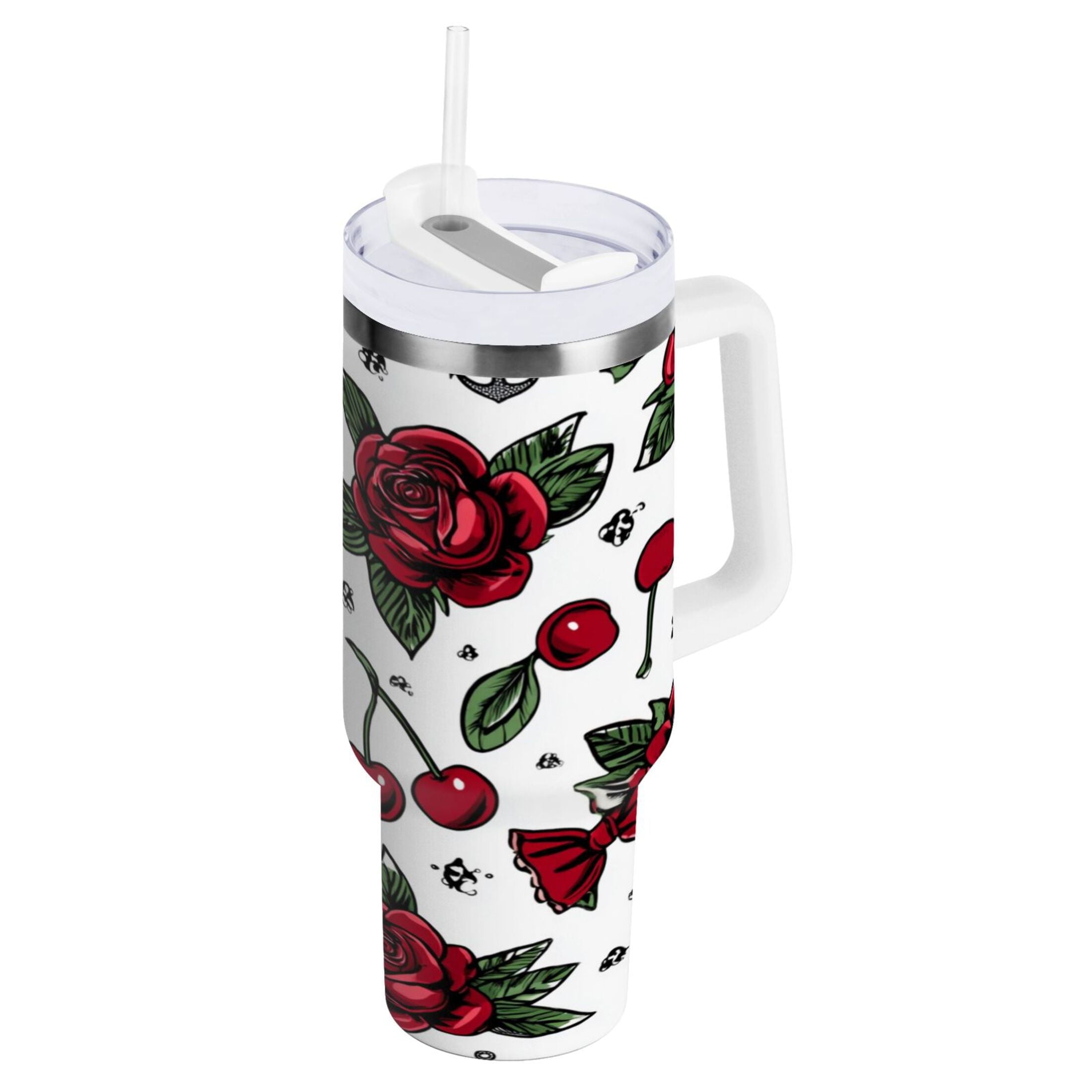40 oz Insulated Stainless Steel Tumbler Double Wall Stainless Steel Tumbler with 2-Way Drinking Red Roses and Cherries - 5GYM