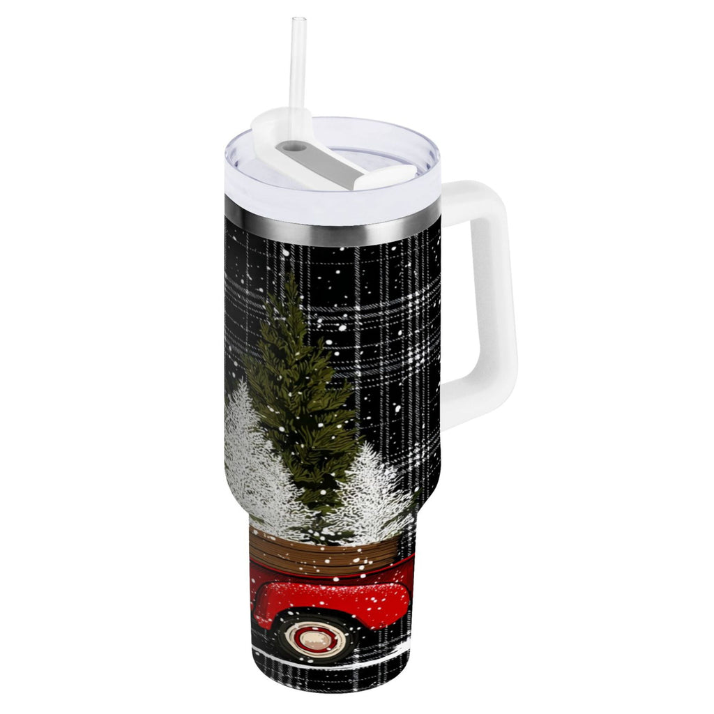 40 oz Insulated Stainless Steel Tumbler Double Wall Stainless Steel Tumbler with 2-Way Drinking Red Truck with Christmas Tree - CG7X
