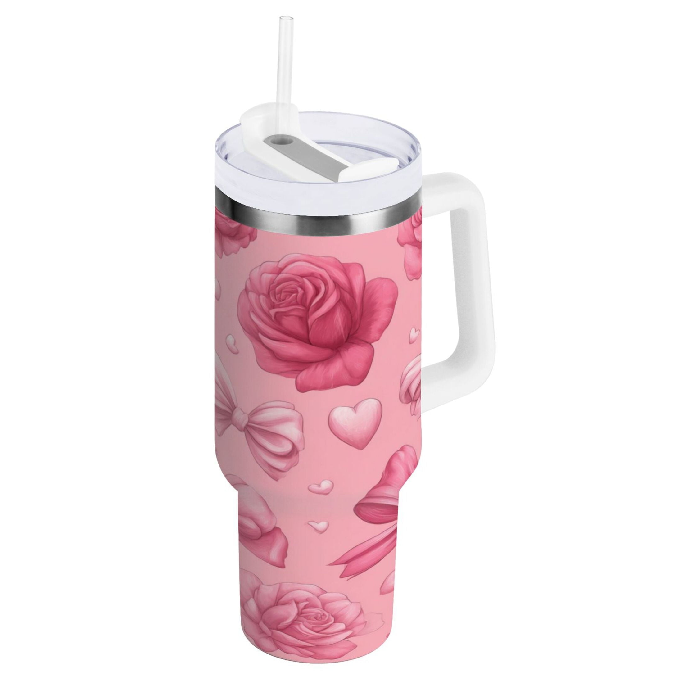 40 oz Insulated Stainless Steel Tumbler Double Wall Stainless Steel Tumbler with 2-Way Drinking Roses and Bows Pattern - 1B4R