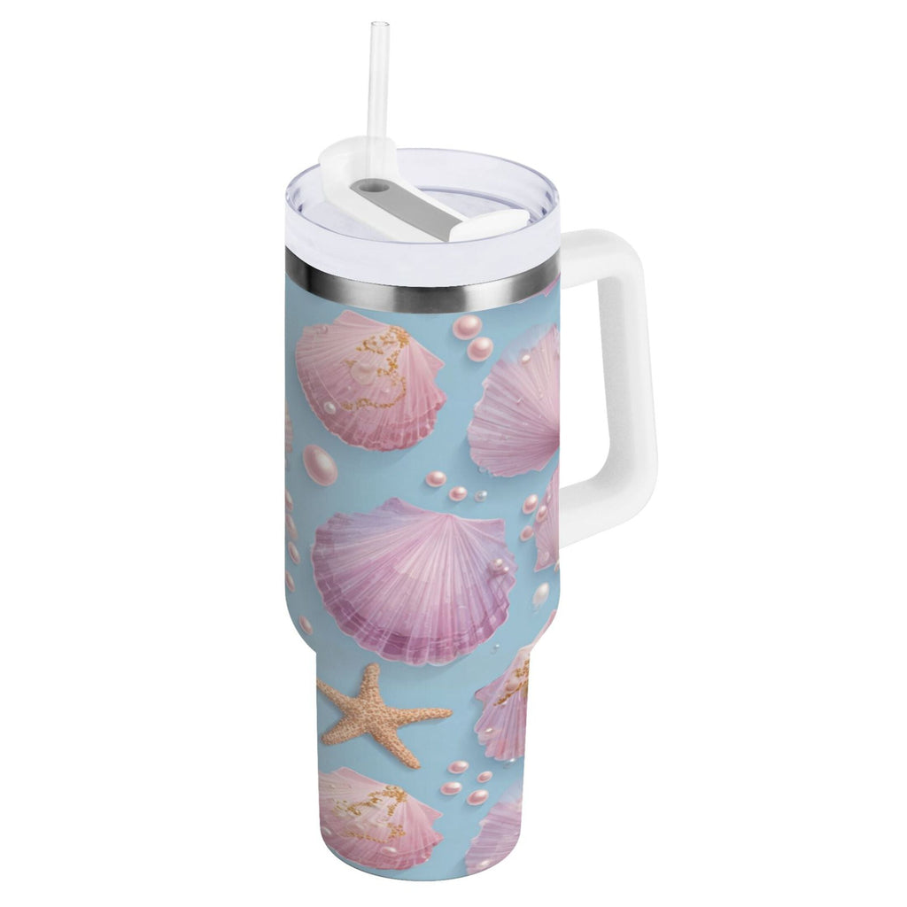 40 oz Insulated Stainless Steel Tumbler Double Wall Stainless Steel Tumbler with 2-Way Drinking Seashells and Pearls Pattern - XY5S