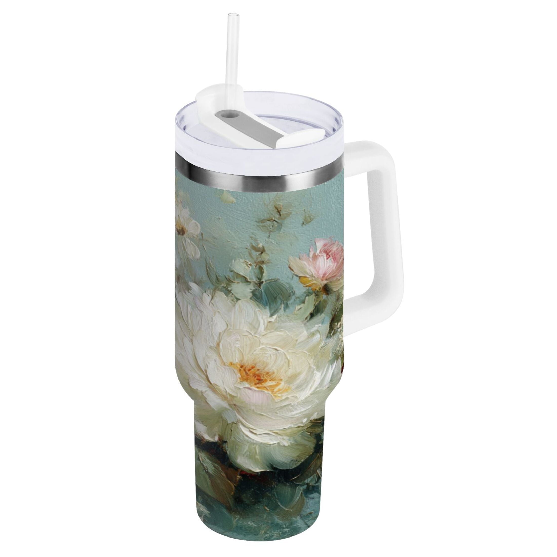 40 oz Insulated Stainless Steel Tumbler Double Wall Stainless Steel Tumbler with 2-Way Drinking Vintage Peonies and Daisies - MKXM