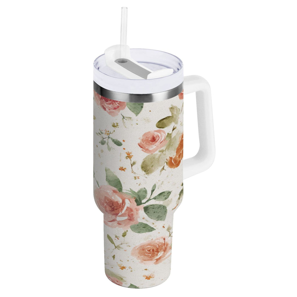 40 oz Insulated Stainless Steel Tumbler Double Wall Stainless Steel Tumbler with 2-Way Drinking Watercolor Rose Floral Pattern - 69D6