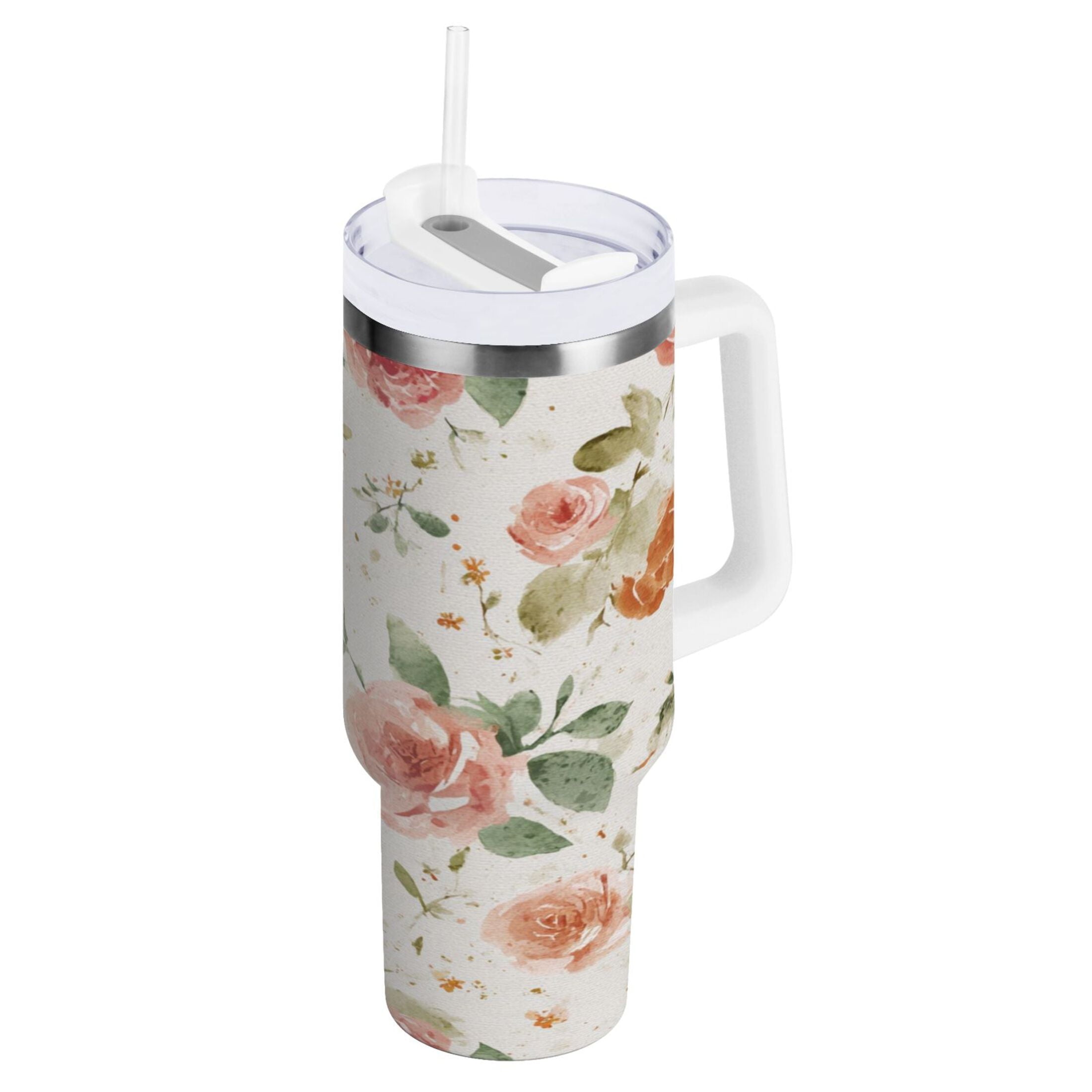 40 oz Insulated Stainless Steel Tumbler Double Wall Stainless Steel Tumbler with 2-Way Drinking Watercolor Rose Floral Pattern - 69D6