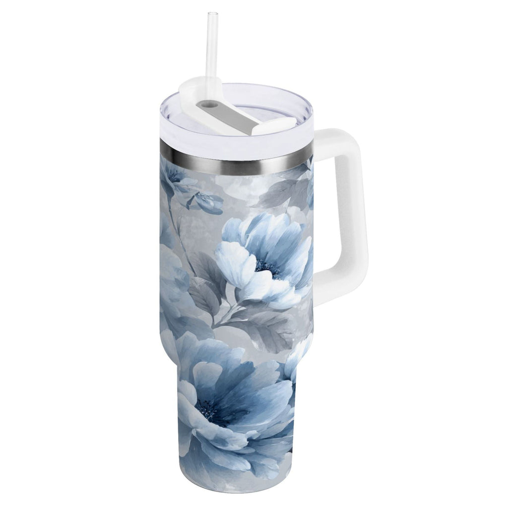40 oz Insulated Stainless Steel Tumbler Double Wall Stainless Steel Tumbler with 2-Way Drinking White Floral Pattern - E4A2