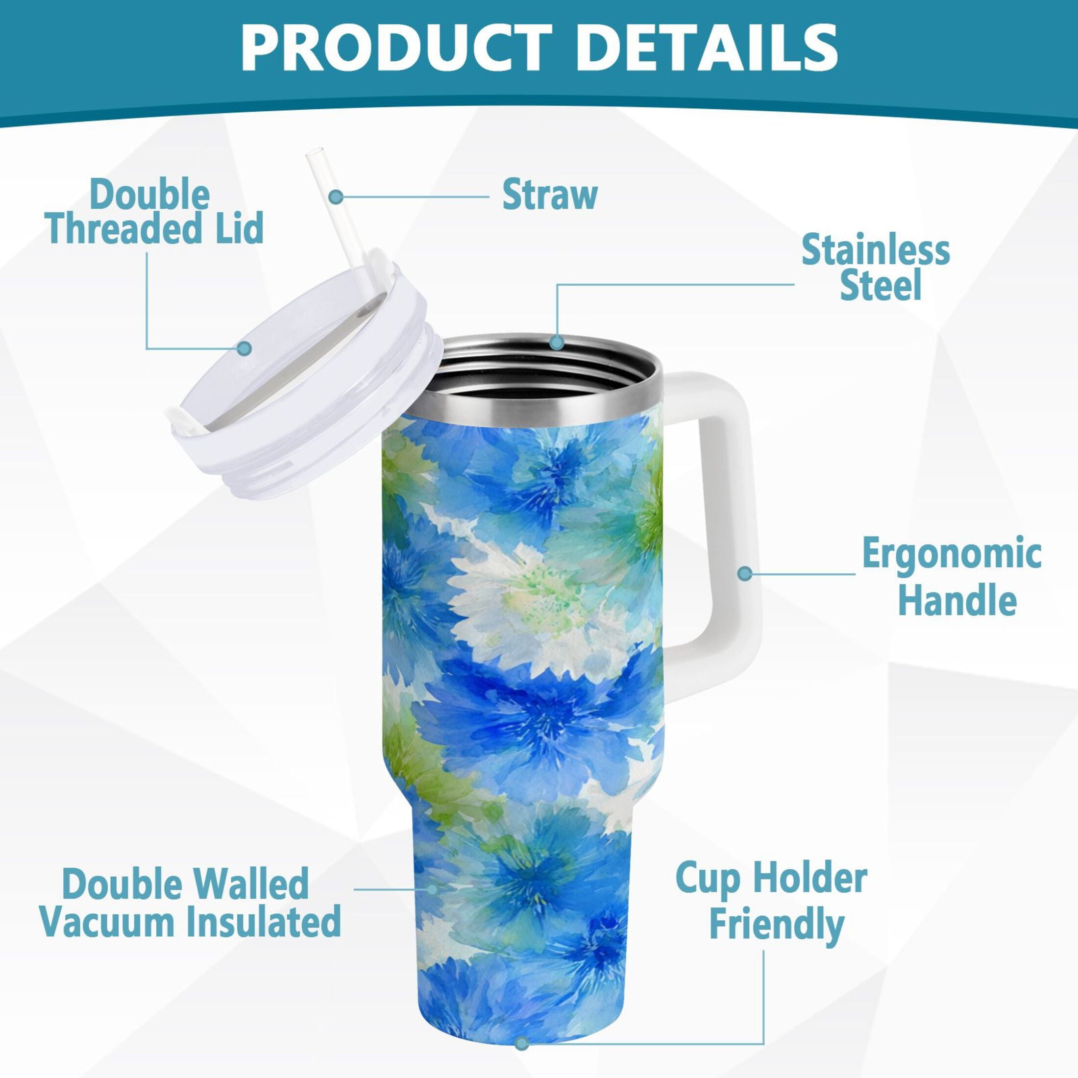 40 oz Insulated Stainless Steel Tumbler Double Wall Stainless Steel Tumbler with 2-Way Drinking Watercolor Blue Cornflowers - ED1I