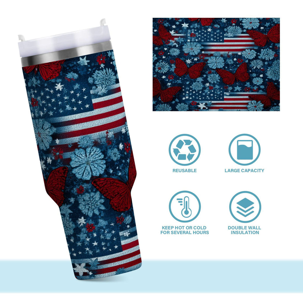 30 oz Insulated Stainless Steel Tumbler Double Wall Stainless Steel Tumbler with 2-Way Drinking Red Butterflies and Flags - Y1GX