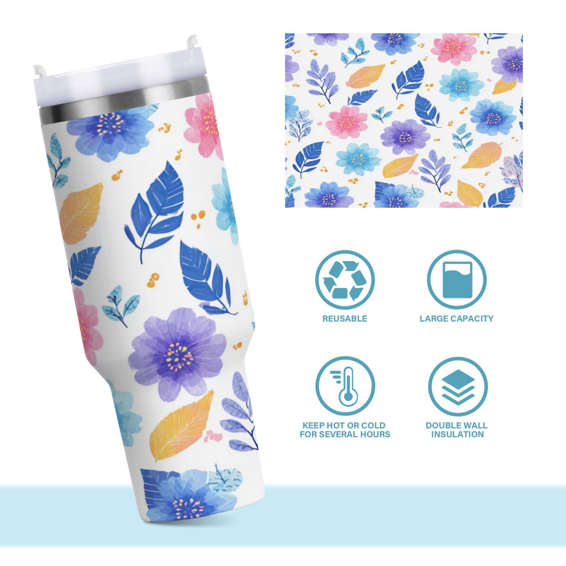 30 oz Insulated Stainless Steel Tumbler Double Wall Stainless Steel Tumbler with 2-Way Drinking Blue and Purple Flowers - 1XFL