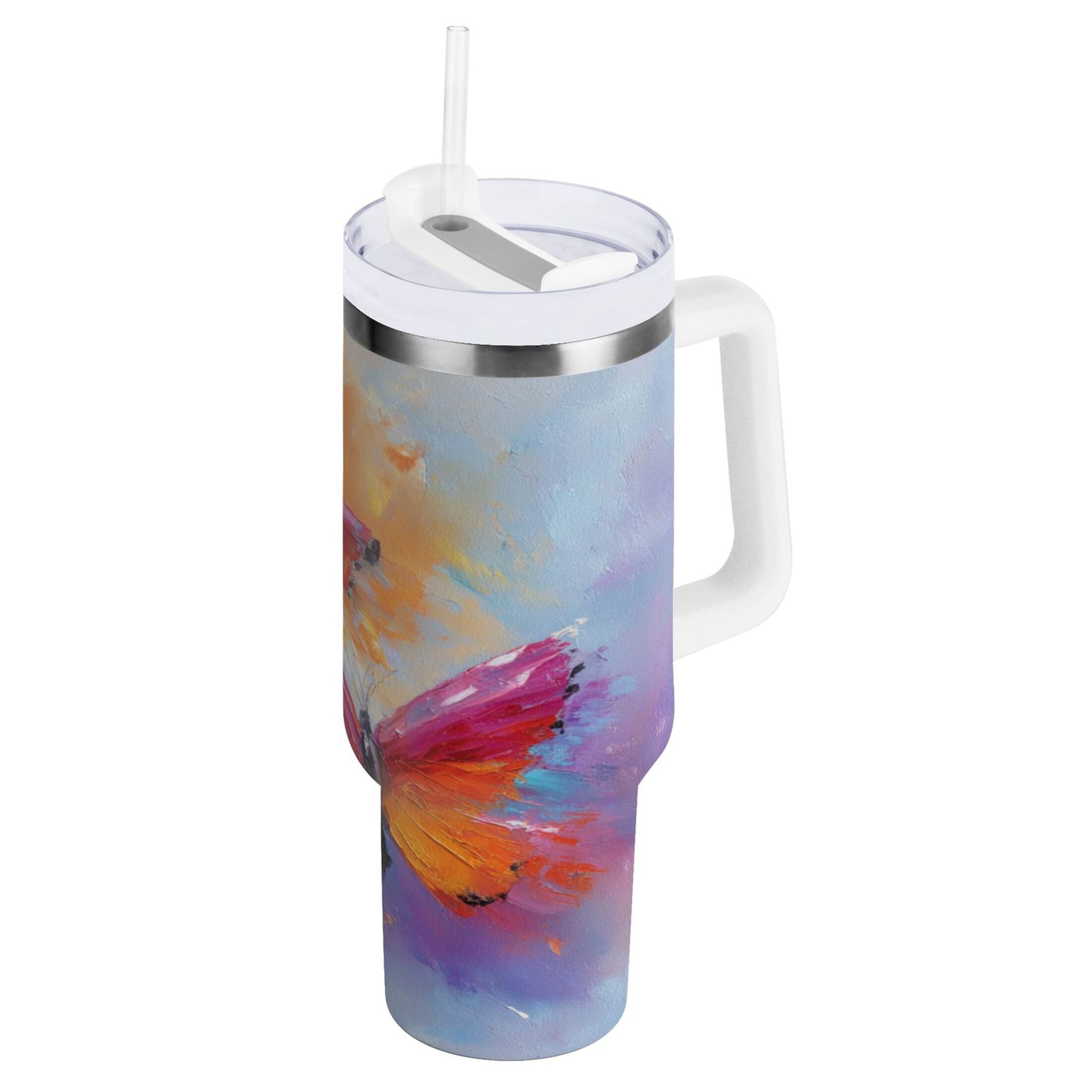 30 oz Insulated Stainless Steel Tumbler Double Wall Stainless Steel Tumbler with 2-Way Drinking Red and Orange Butterflies - 0727