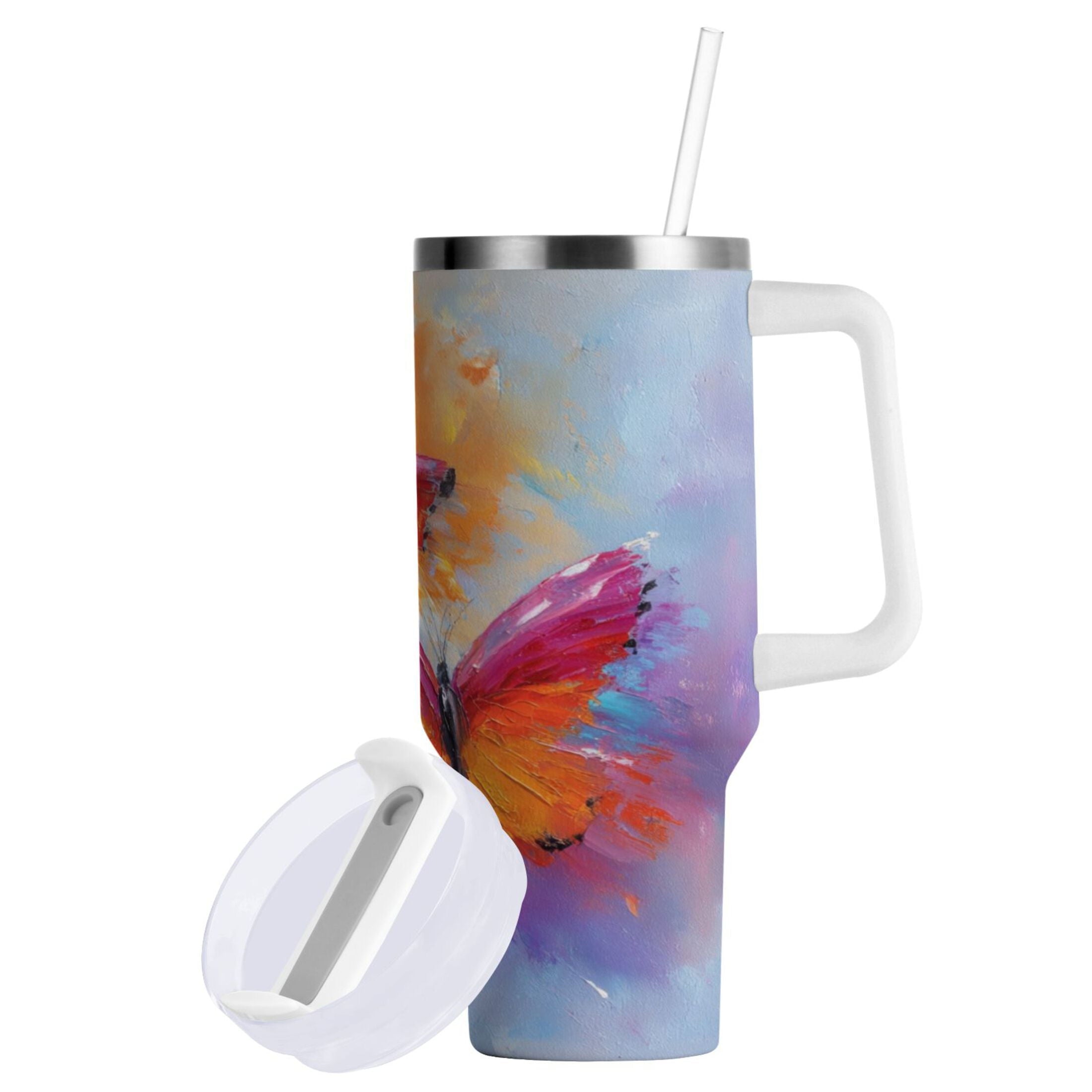 30 oz Insulated Stainless Steel Tumbler Double Wall Stainless Steel Tumbler with 2-Way Drinking Red and Orange Butterflies - 0727