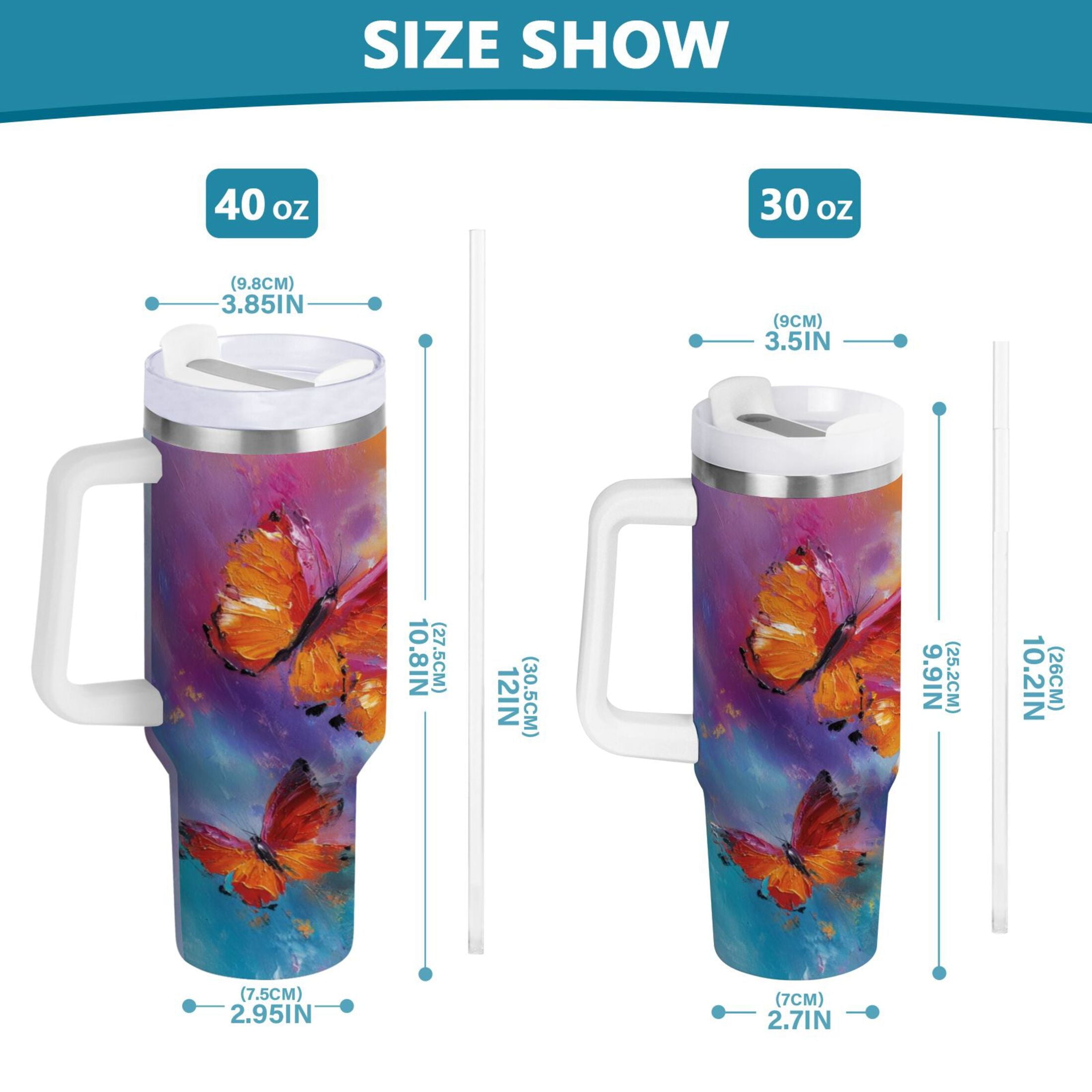 30 oz Insulated Stainless Steel Tumbler Double Wall Stainless Steel Tumbler with 2-Way Drinking Red and Orange Butterflies - 0727