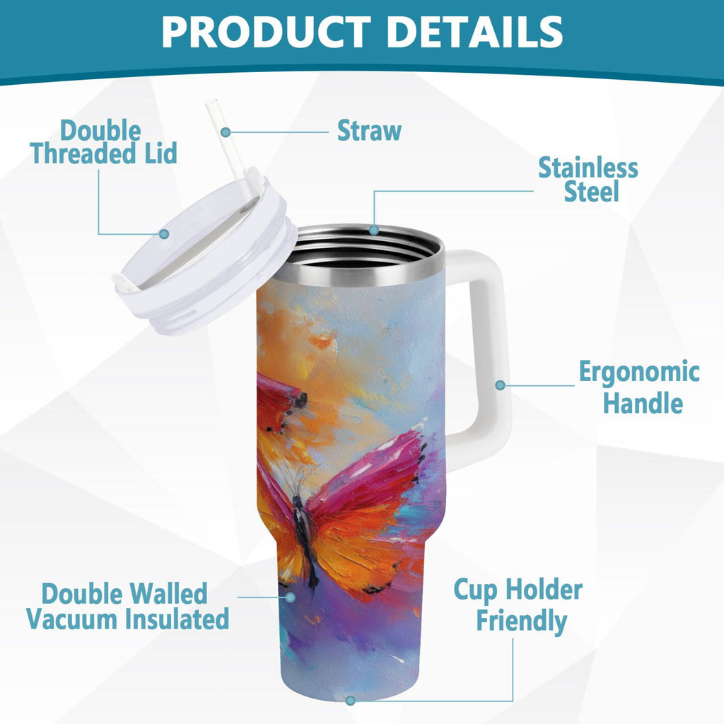 30 oz Insulated Stainless Steel Tumbler Double Wall Stainless Steel Tumbler with 2-Way Drinking Red and Orange Butterflies - 0727