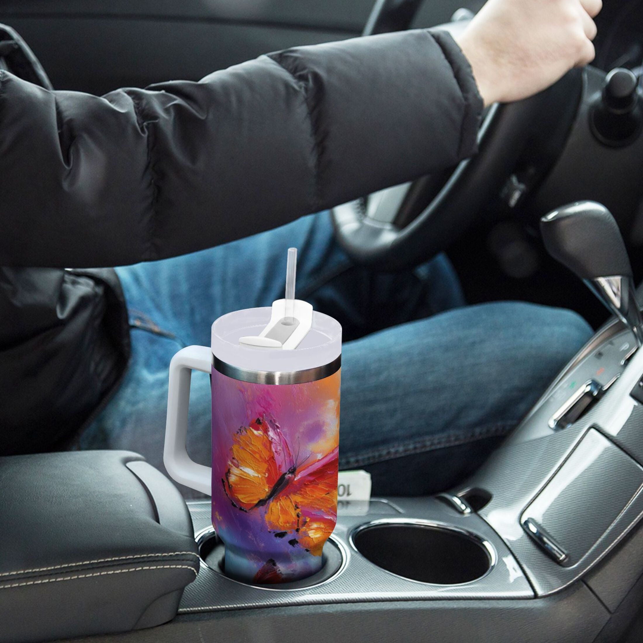 30 oz Insulated Stainless Steel Tumbler Double Wall Stainless Steel Tumbler with 2-Way Drinking Red and Orange Butterflies - 0727