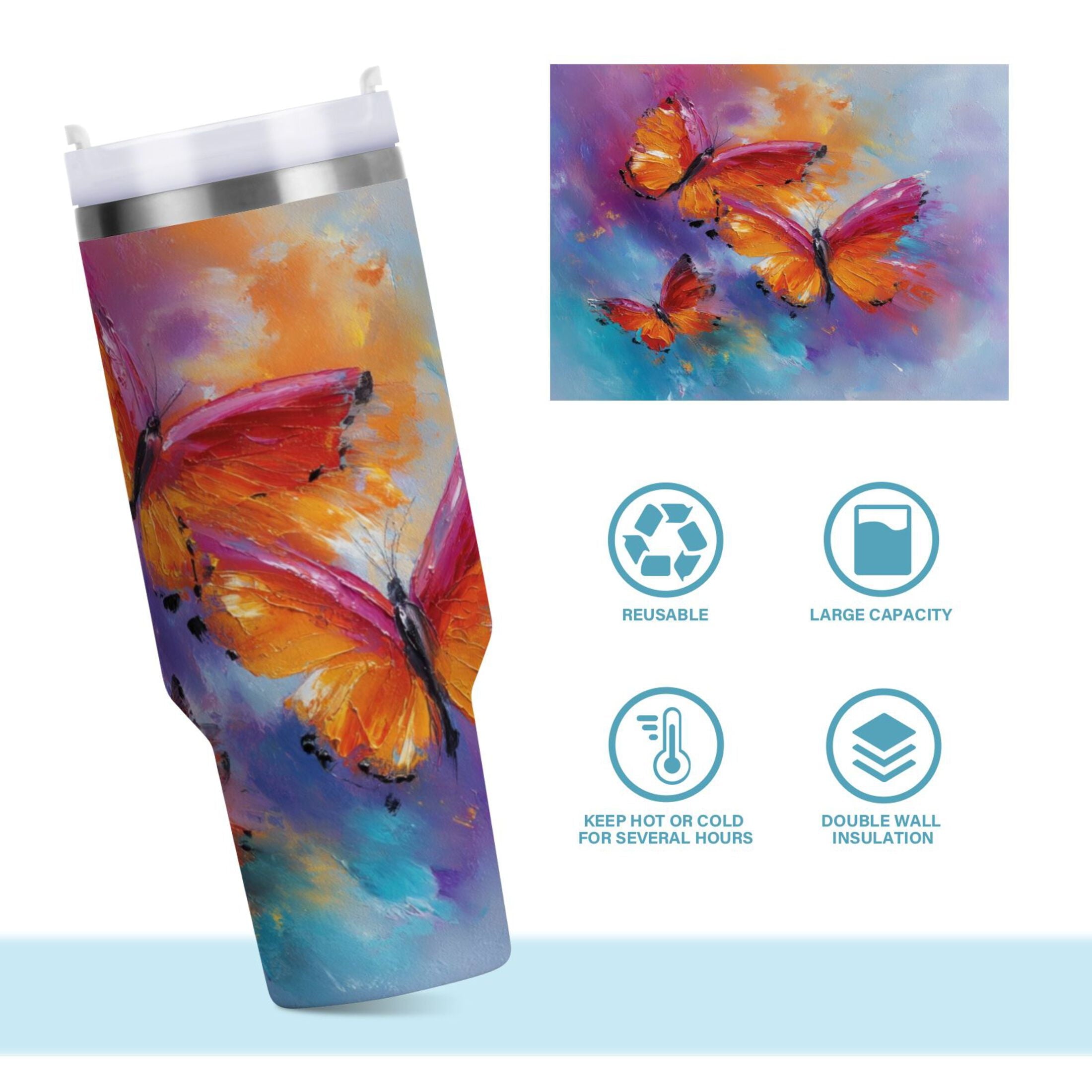 30 oz Insulated Stainless Steel Tumbler Double Wall Stainless Steel Tumbler with 2-Way Drinking Red and Orange Butterflies - 0727