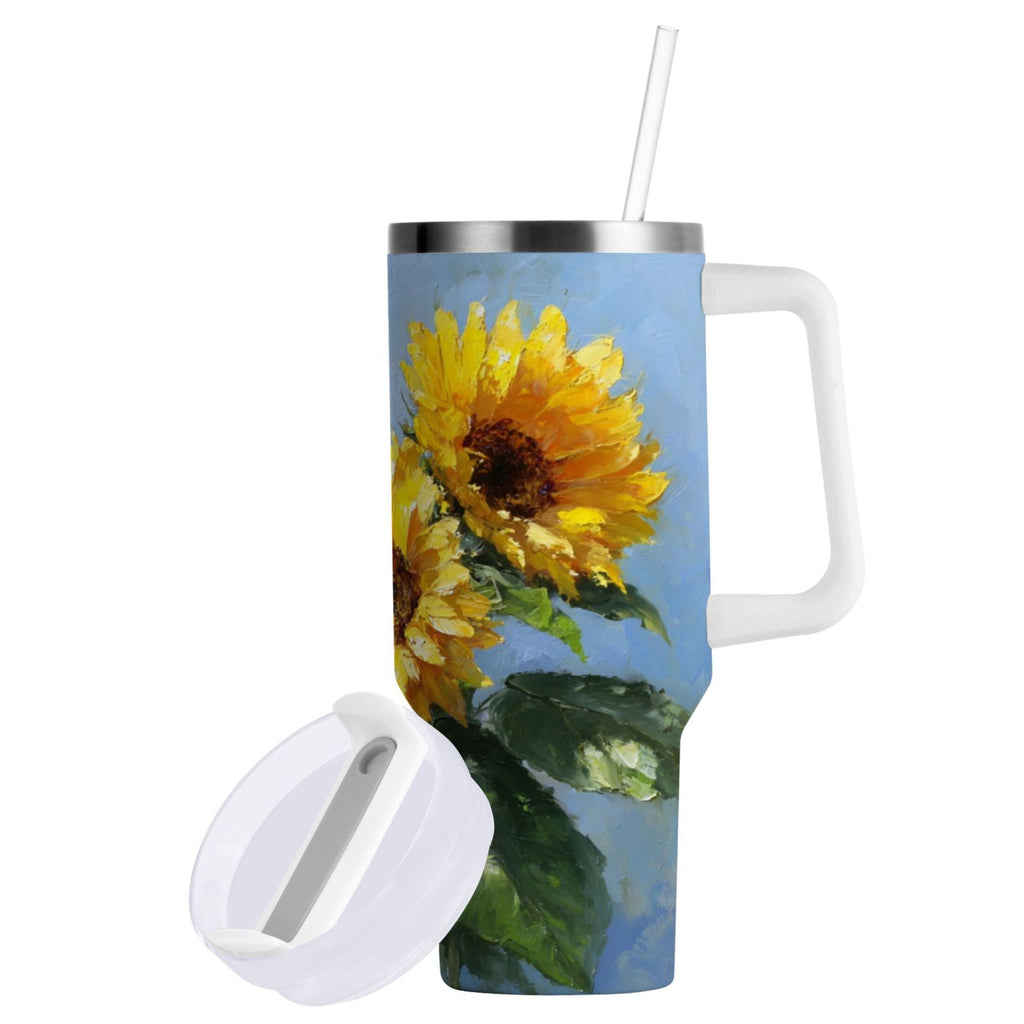 40 oz Insulated Stainless Steel Tumbler Double Wall Stainless Steel Tumbler with 2-Way Drinking Sunflowers Painting - Y4M0