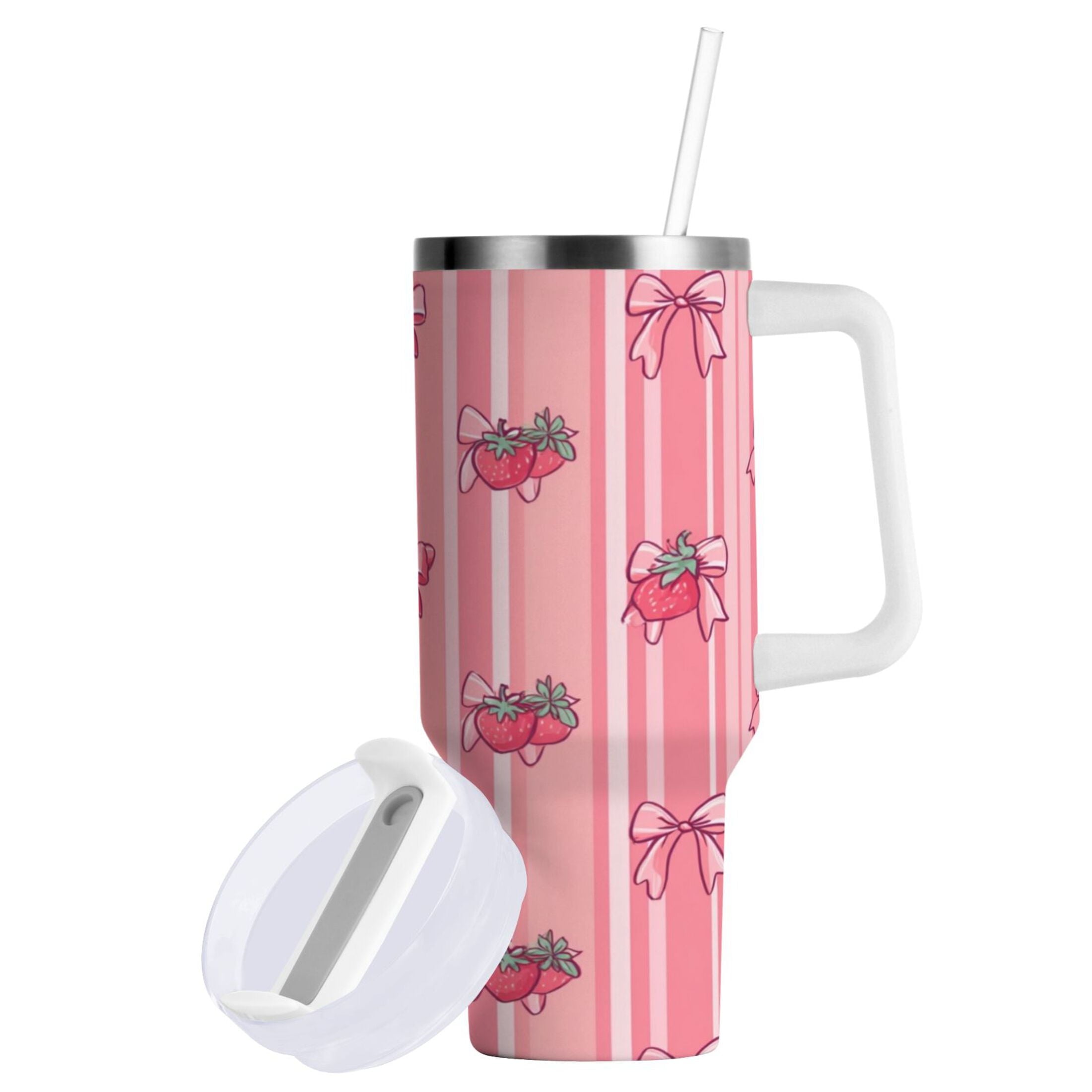 30 oz Insulated Stainless Steel Tumbler Double Wall Stainless Steel Tumbler with 2-Way Drinking Pink Bows and Strawberries - 7C3S