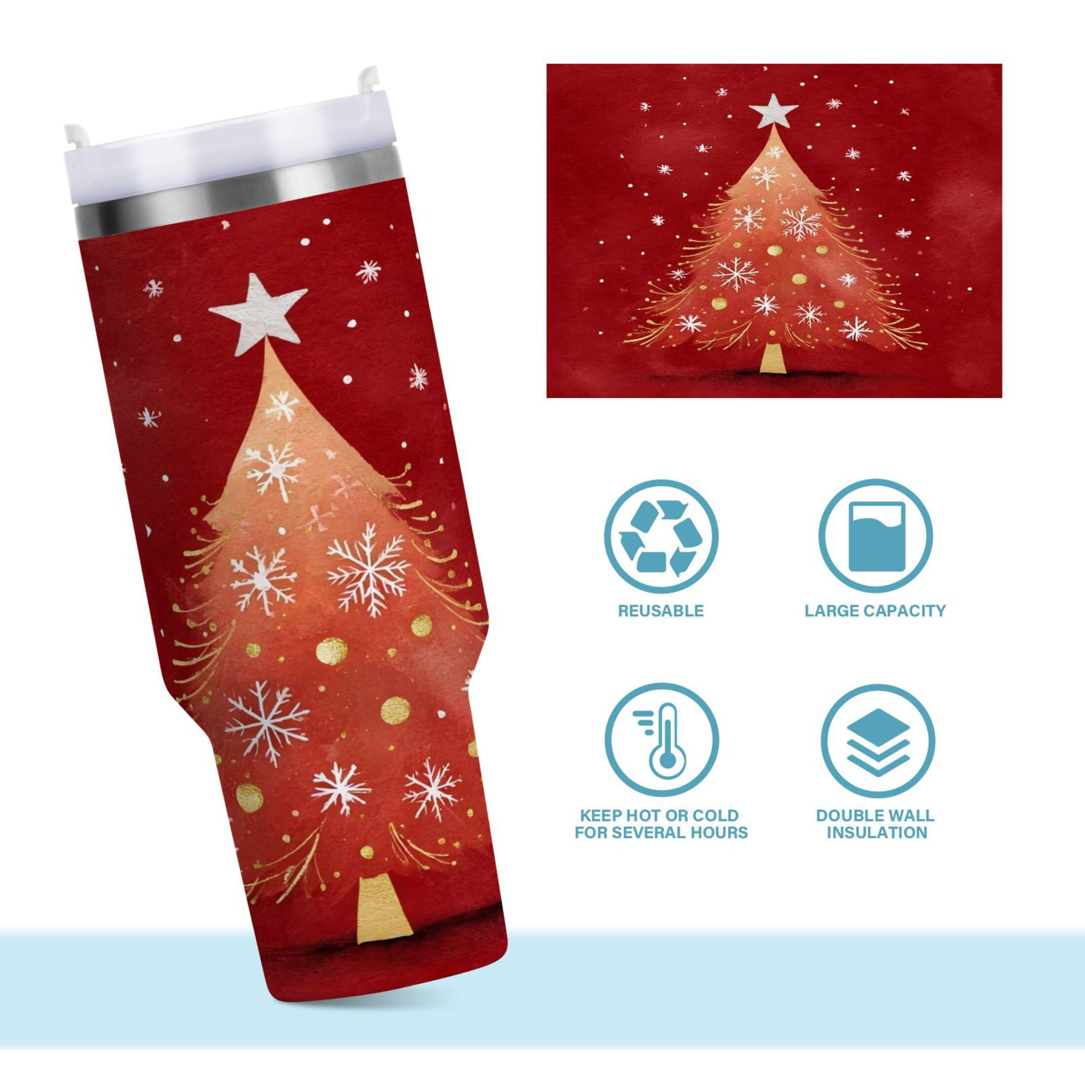 40 oz Insulated Stainless Steel Tumbler Double Wall Stainless Steel Tumbler with 2-Way Drinking Red Christmas Tree - 40FE
