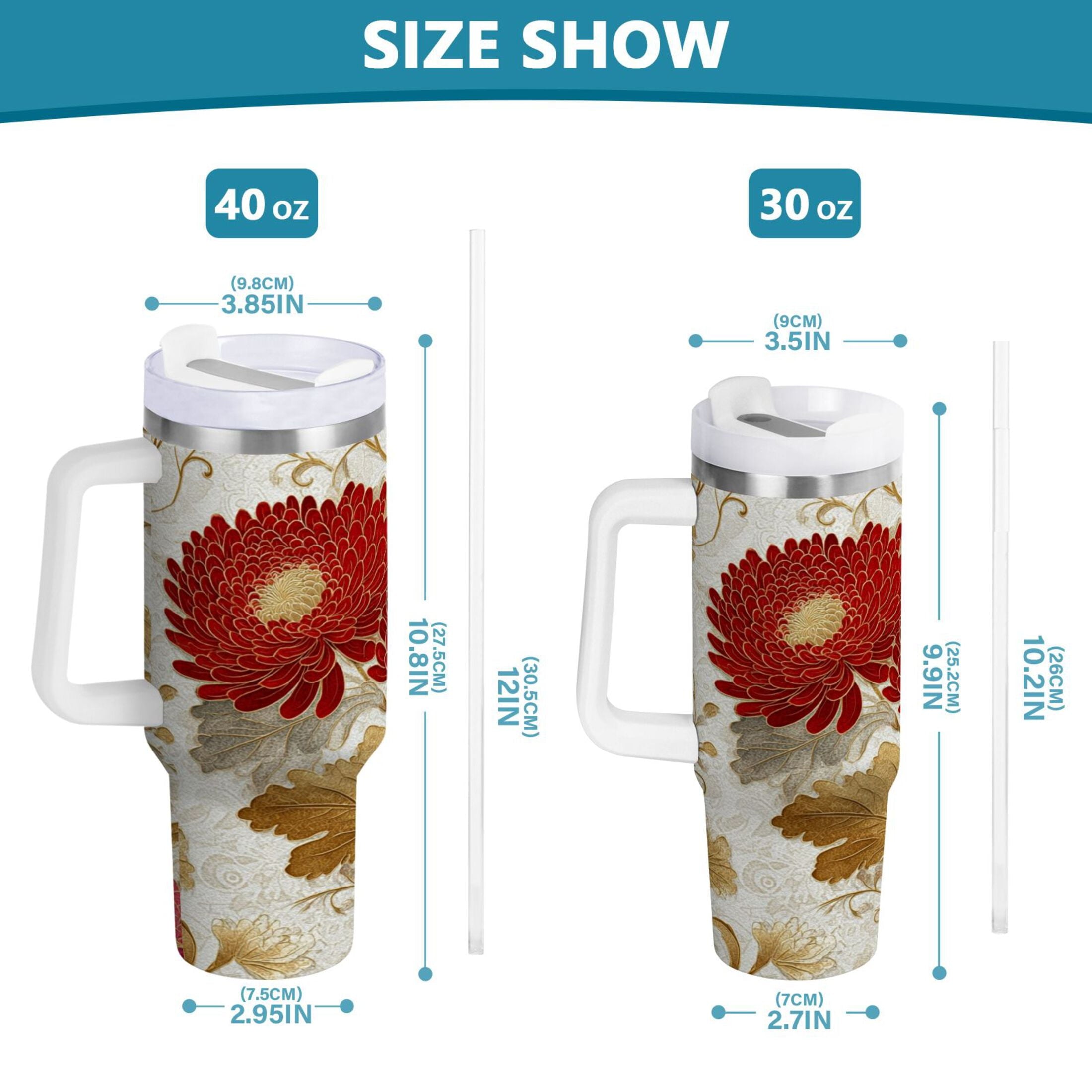 30 oz Insulated Stainless Steel Tumbler Double Wall Stainless Steel Tumbler with 2-Way Drinking Red Chrysanthemum Pattern - PTOO