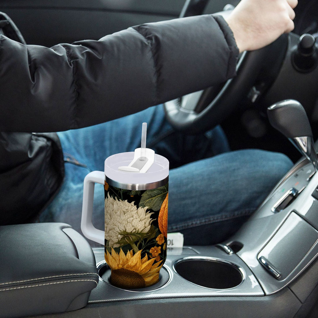 40 oz Insulated Stainless Steel Tumbler Double Wall Stainless Steel Tumbler with 2-Way Drinking Pumpkins and Sunflowers Pattern - 8WLD