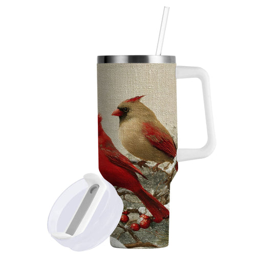 30 oz Insulated Stainless Steel Tumbler Double Wall Stainless Steel Tumbler with 2-Way Drinking Bird and Snow-covered Trees - E6B7