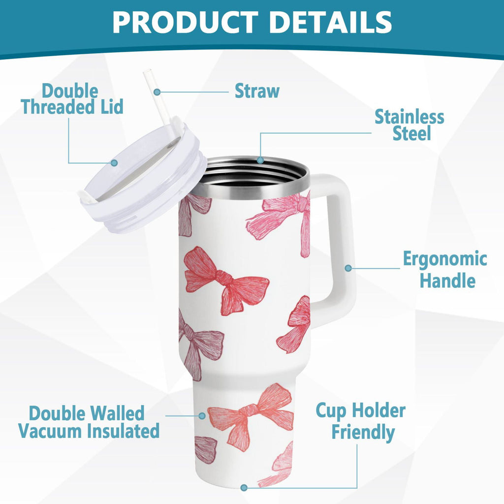 40 oz Insulated Stainless Steel Tumbler Double Wall Stainless Steel Tumbler with 2-Way Drinking Pink Bows Pattern - BKLS