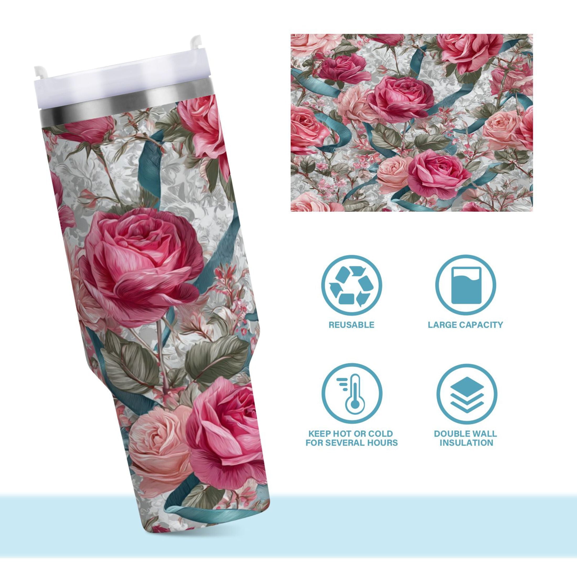 30 oz Insulated Stainless Steel Tumbler Double Wall Stainless Steel Tumbler with 2-Way Drinking Roses and Ribbons - 75RK