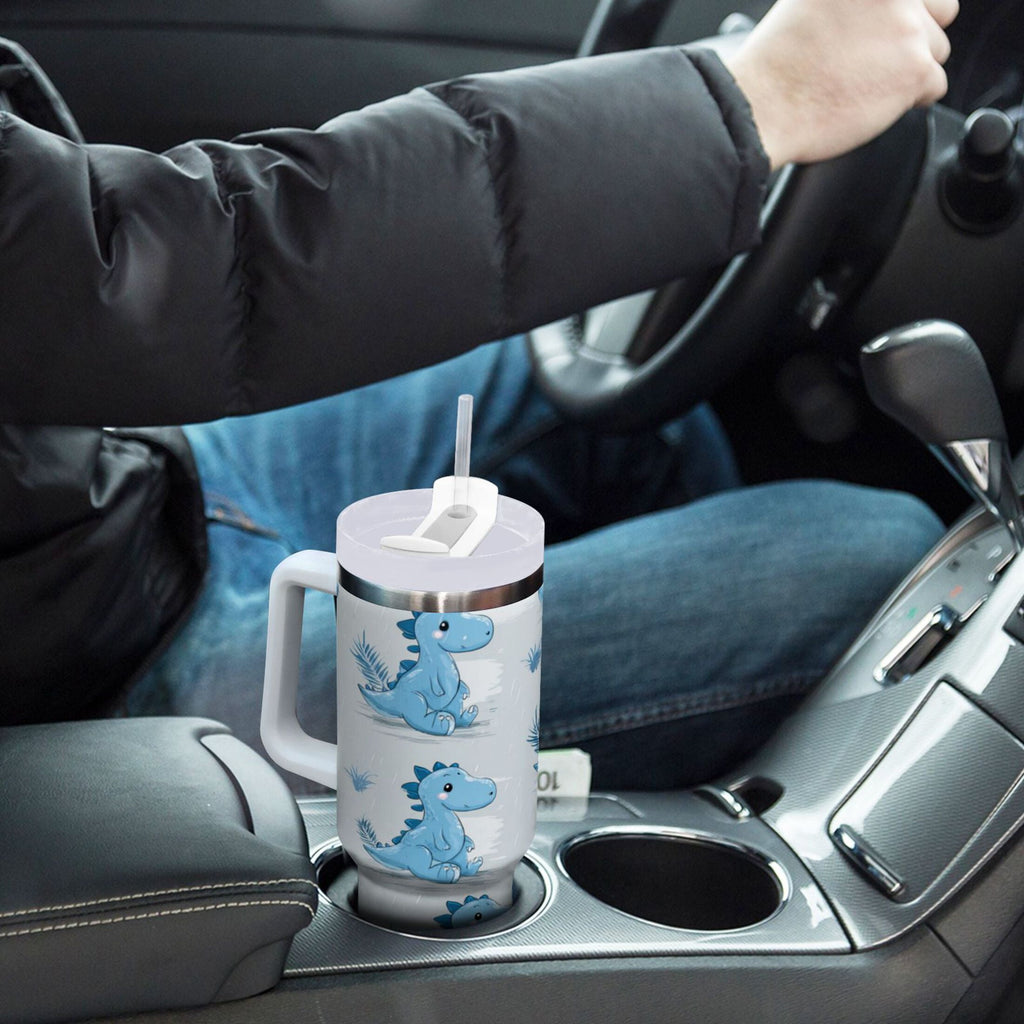 30 oz Insulated Stainless Steel Tumbler Double Wall Stainless Steel Tumbler with 2-Way Drinking Cartoon Blue Dinosaurs - A1AT