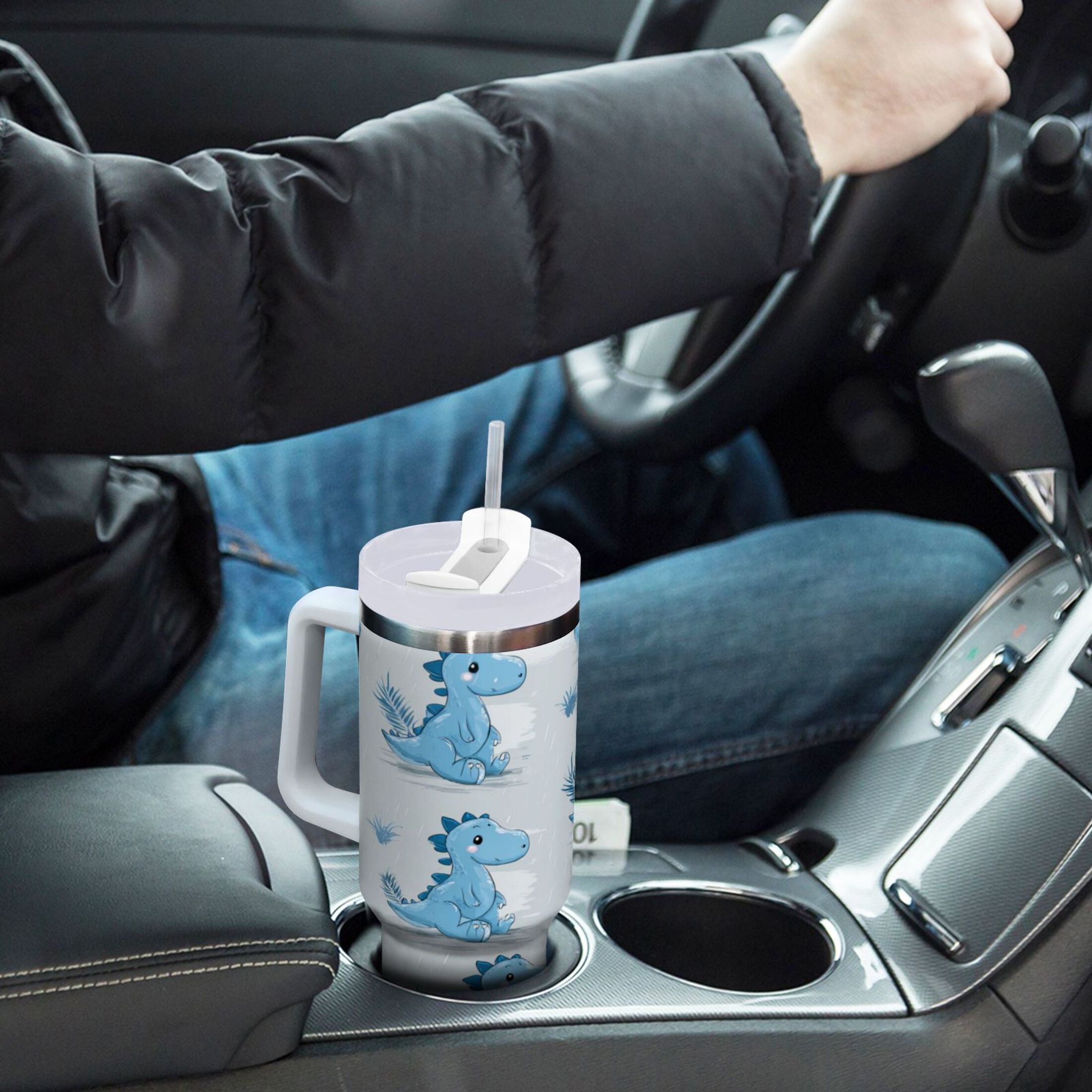 30 oz Insulated Stainless Steel Tumbler Double Wall Stainless Steel Tumbler with 2-Way Drinking Cartoon Blue Dinosaurs - A1AT