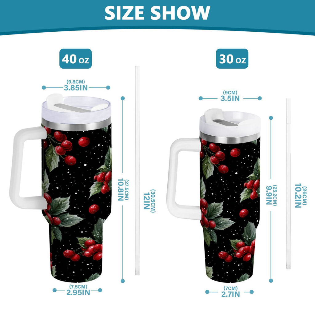 40 oz Insulated Stainless Steel Tumbler Double Wall Stainless Steel Tumbler with 2-Way Drinking Red Holly Berries Pattern - 130P