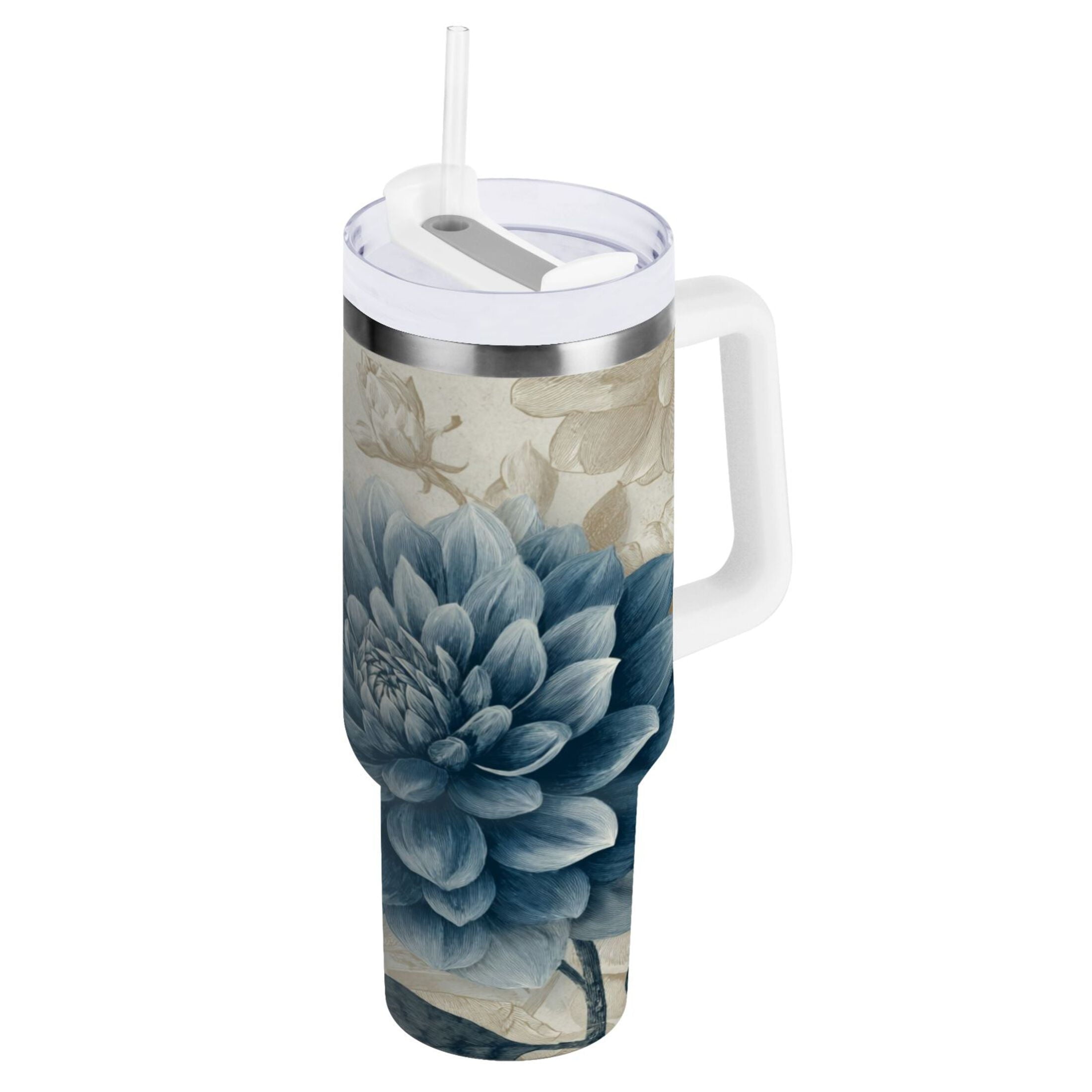 40 oz Insulated Stainless Steel Tumbler Double Wall Stainless Steel Tumbler with 2-Way Drinking Blue Flower with Butterflies - 1SKG