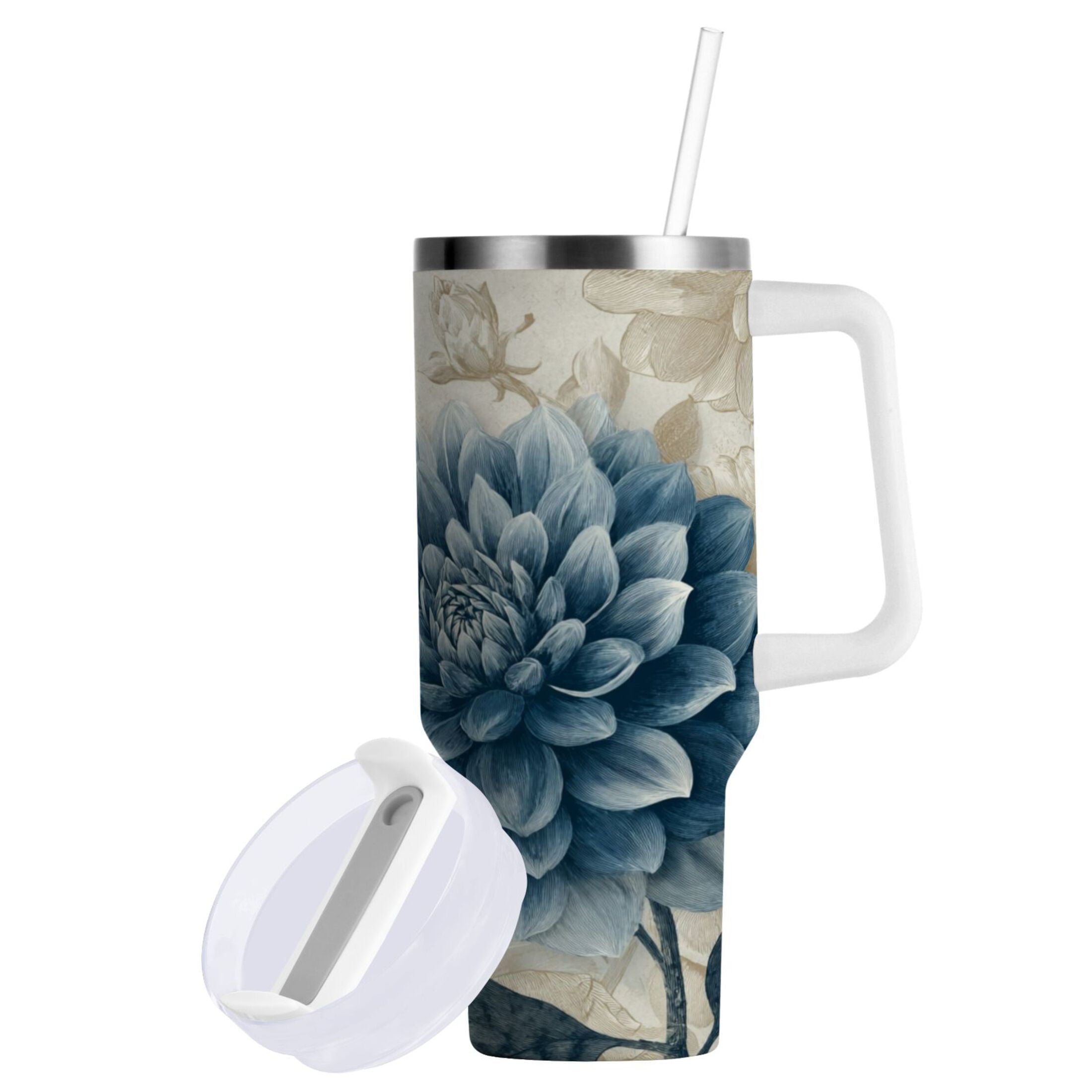 40 oz Insulated Stainless Steel Tumbler Double Wall Stainless Steel Tumbler with 2-Way Drinking Blue Flower with Butterflies - 1SKG