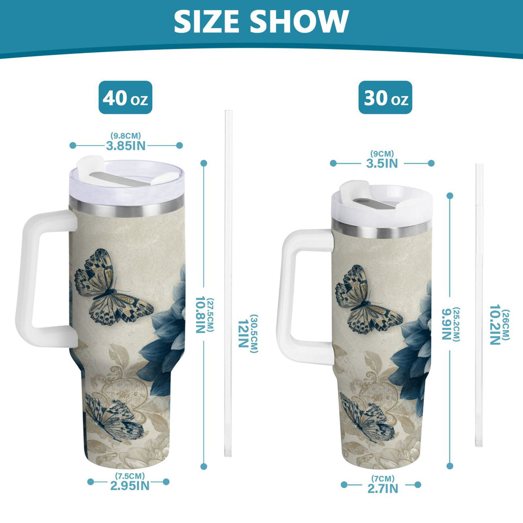 40 oz Insulated Stainless Steel Tumbler Double Wall Stainless Steel Tumbler with 2-Way Drinking Blue Flower with Butterflies - 1SKG