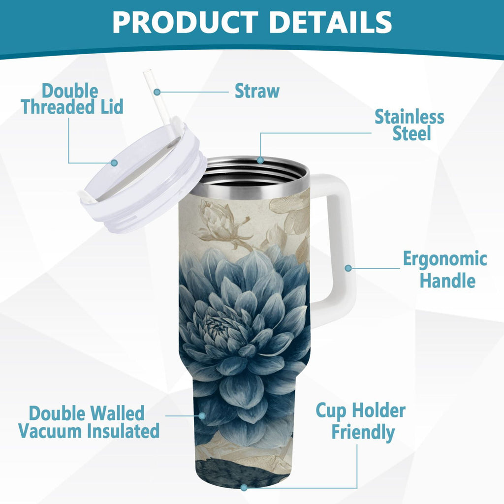 40 oz Insulated Stainless Steel Tumbler Double Wall Stainless Steel Tumbler with 2-Way Drinking Blue Flower with Butterflies - 1SKG