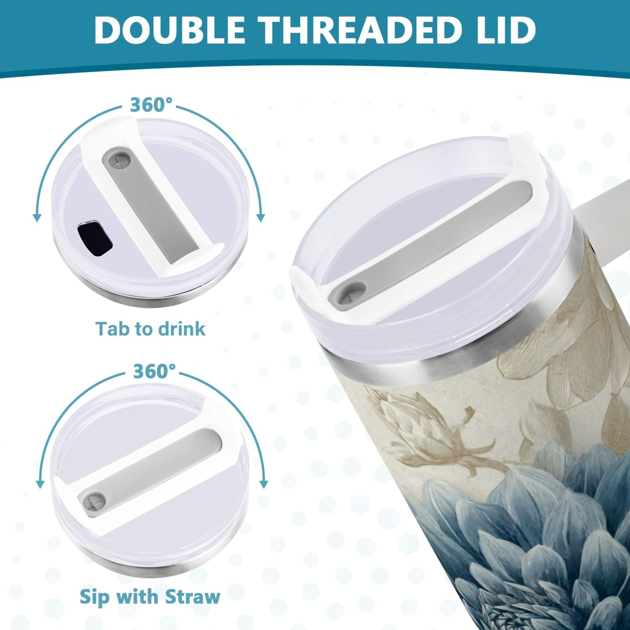 40 oz Insulated Stainless Steel Tumbler Double Wall Stainless Steel Tumbler with 2-Way Drinking Blue Flower with Butterflies - 1SKG