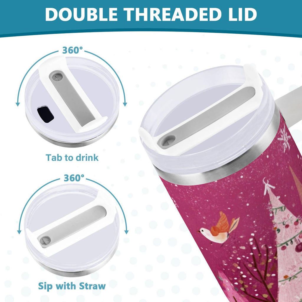 40 oz Insulated Stainless Steel Tumbler Double Wall Stainless Steel Tumbler with 2-Way Drinking Pink Christmas Forest - CEY3