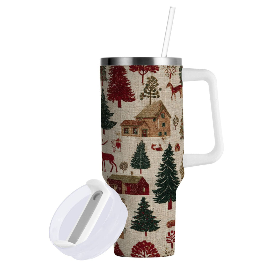 30 oz Insulated Stainless Steel Tumbler Double Wall Stainless Steel Tumbler with 2-Way Drinking Christmas Trees Deer and Houses - T6Y2
