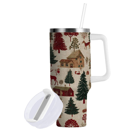 30 oz Insulated Stainless Steel Tumbler Double Wall Stainless Steel Tumbler with 2-Way Drinking Christmas Trees Deer and Houses - T6Y2