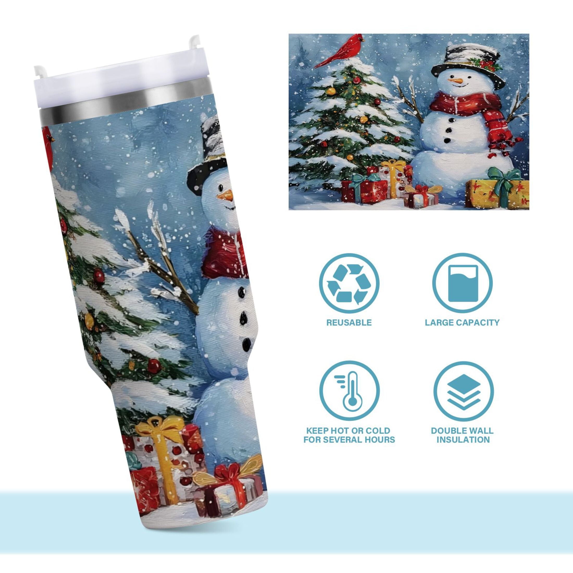 30 oz Insulated Stainless Steel Tumbler Double Wall Stainless Steel Tumbler with 2-Way Drinking Christmas Scene with Snowman - J9D0